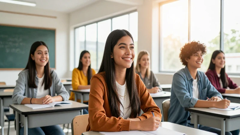 Estudiante mexicano sonriente en aula universitaria inspiradora
