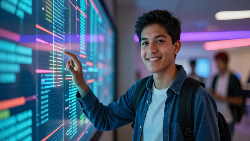 Estudiante sonriente interactúa con datos digitales