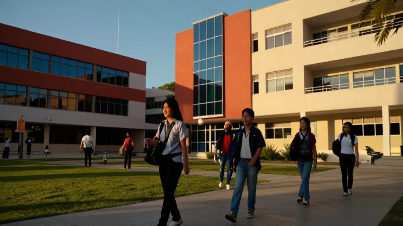 Estudiantes mexicanos en campus vibrante al atardecer