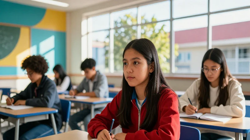 Estudiante mexicano en campus escolar moderno bajo luz vibrante