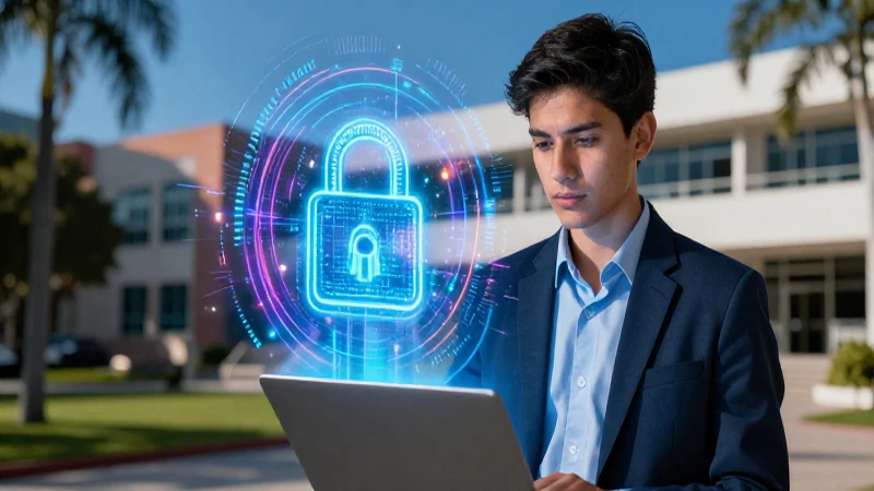 Estudiante mexicano con tecnología financiera futurista