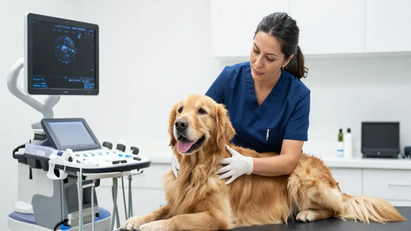 Veterinario examina Golden Retriever en clínica moderna