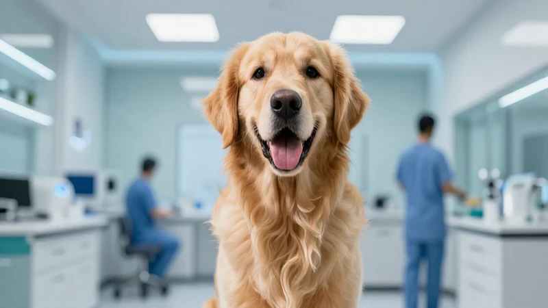 Veterinaria profesional en clínica moderna con golden retriever