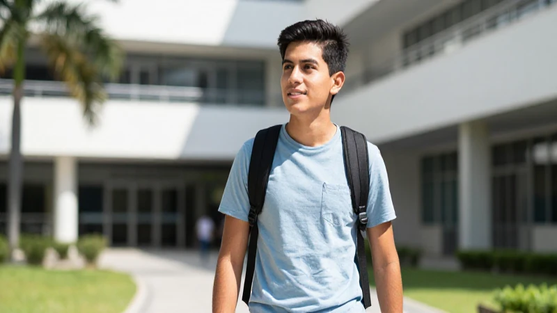 Joven mexicano en campus moderno y vibrante