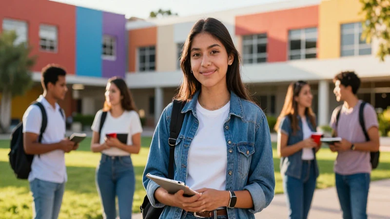Joven estudiante mexicana en moderno campus