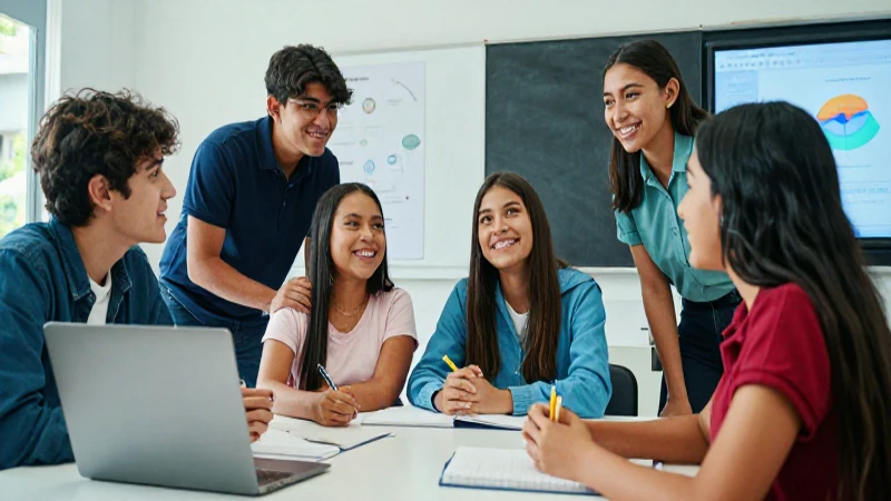 Estudiantes mexicanos felices en moderno aula tecnológica