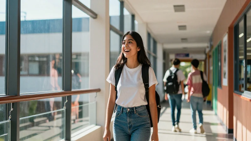 Estudiante mexicano sonríe en moderno pasillo luminoso