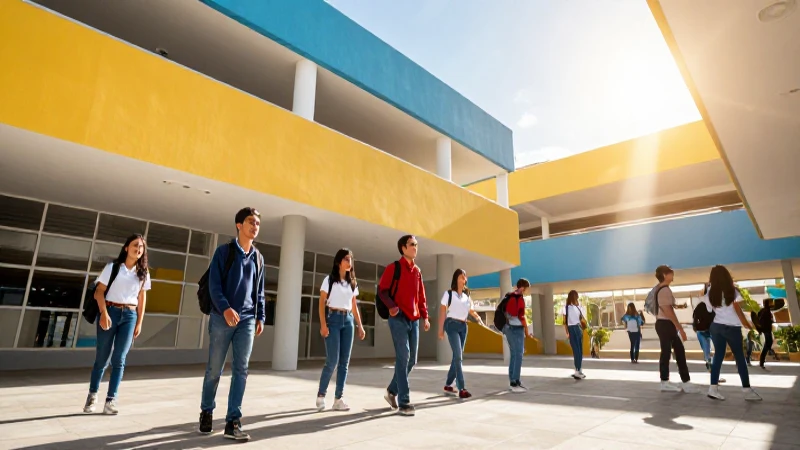 Estudiantes mexicanos en moderno campus escolar