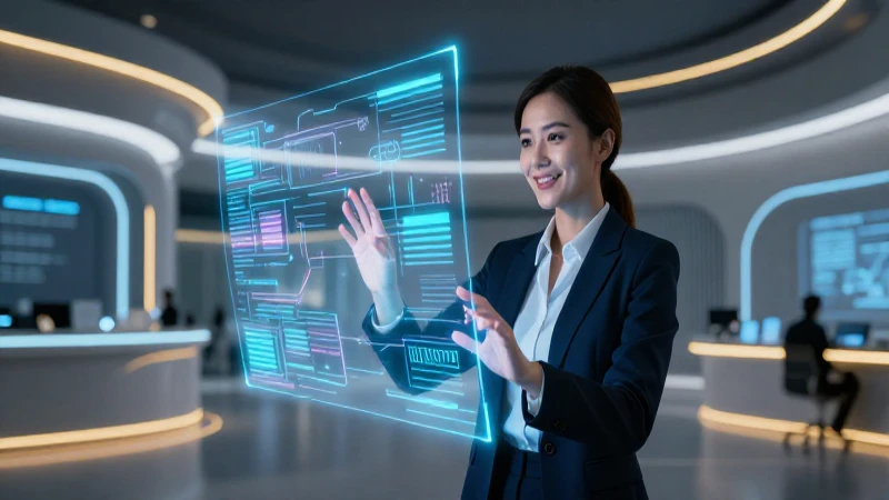 Mujer profesional interactúa con datos holográficos en entorno futurista
