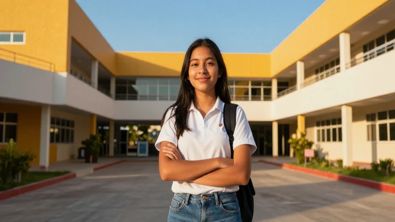 Estudiante mexicano confiado en campus moderno al atardecer