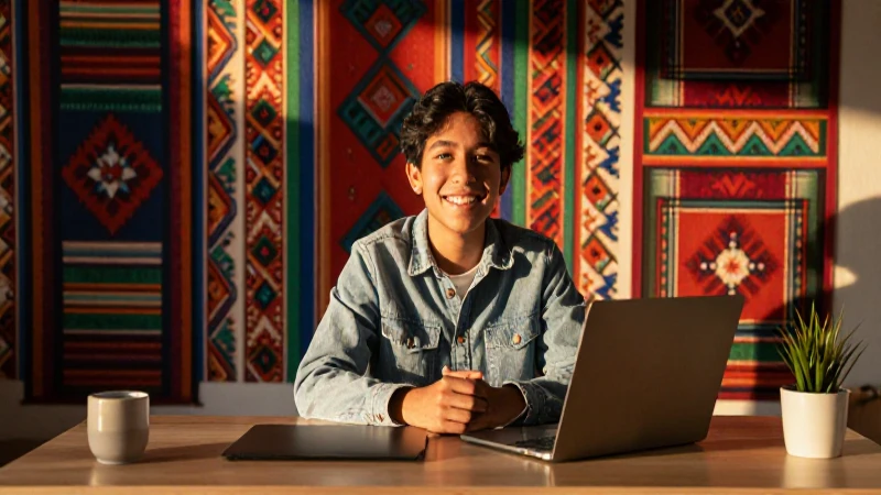 Joven mexicana sonríe ante un fondo oaxaqueño vibrante