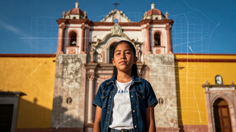 Estudiante mexicano frente a arquitectura oaxaqueña vibrante