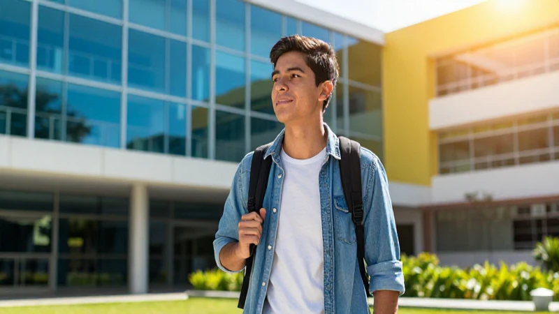 Estudiante mexicano en campus moderno, luz brillante