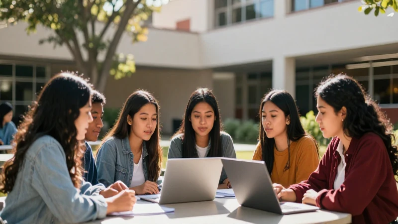 Estudiantes mexicanos colaborando con éxito en campus moderno