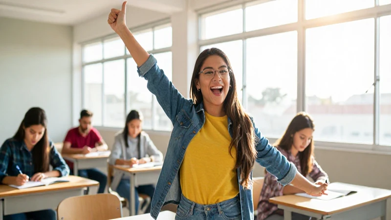 Estudiante mexicano alegre en aula moderna y luminosa