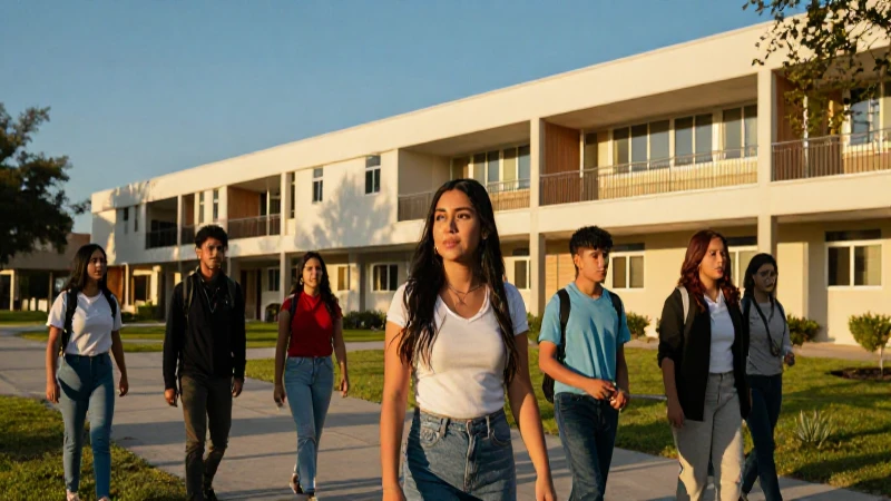 Estudiantes mexicanos en campus moderno, luz dorada