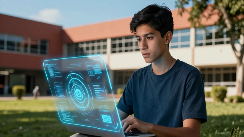 Estudiante mexicano de ciencia digital en un campus vibrante