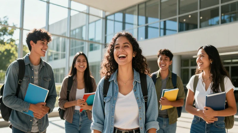 Jóvenes mexicanos riendo en campus moderno