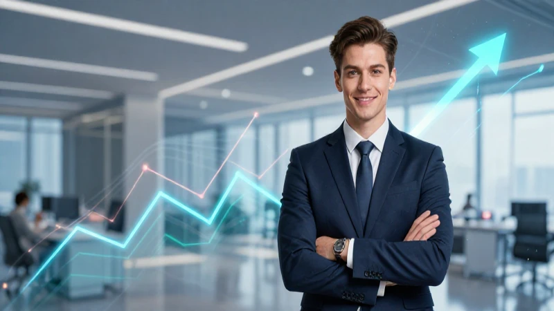 Profesional exitosa en oficina moderna con datos ascendentes