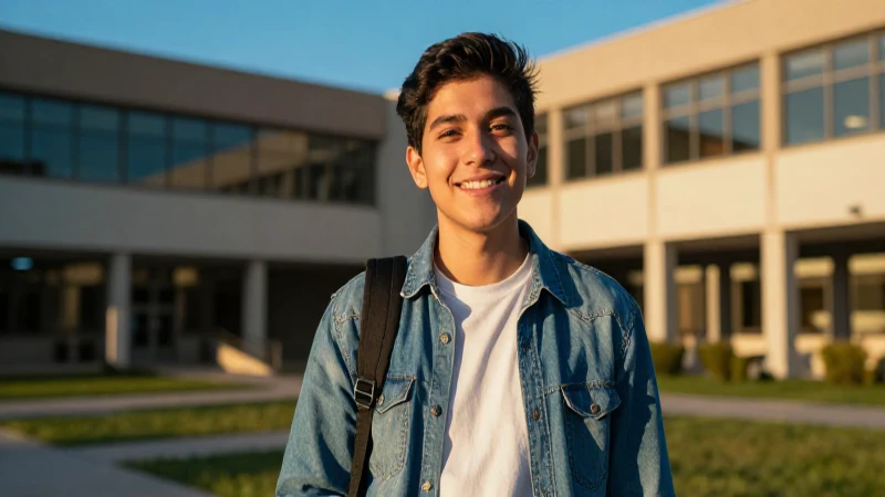 Estudiante mexicano sonríe en campus dorado