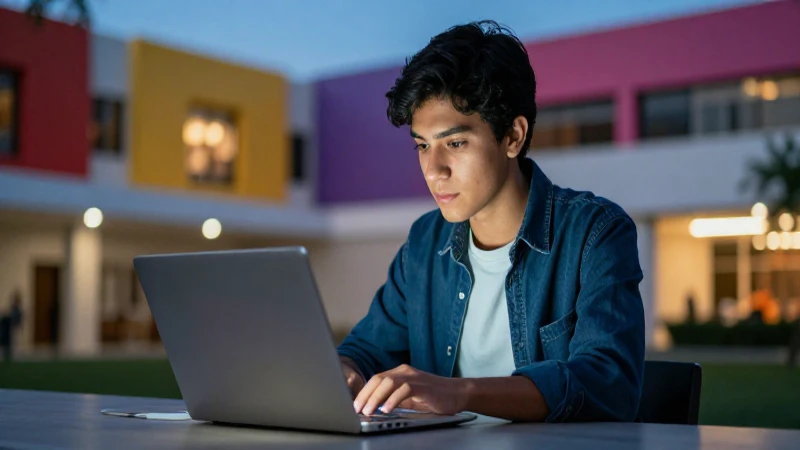 Estudiante mexicana en campus usando laptop