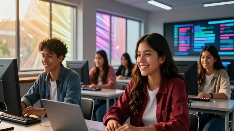Estudiantes mexicanos sonriendo en aula moderna