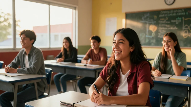 Estudiantes mexicanos celebrando la educación en un aula vibrante