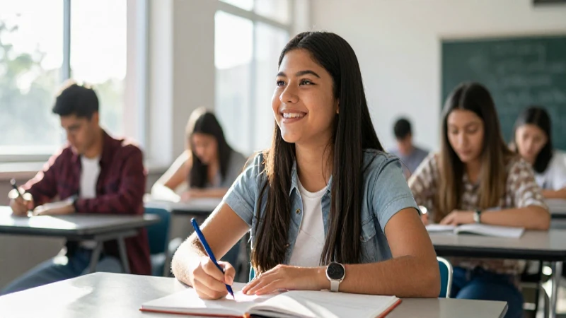 Estudiante mexicano sonriente en aula luminosa