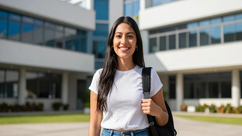Joven mexicana sonríe en moderno campus universitario