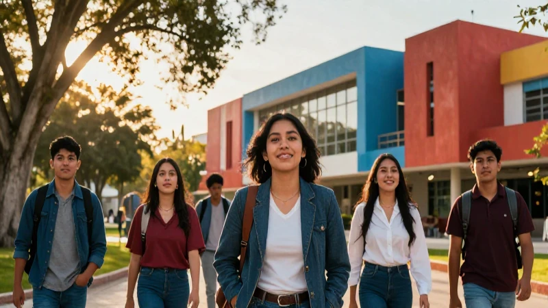 Estudiantes mexicanos en campus moderno al atardecer