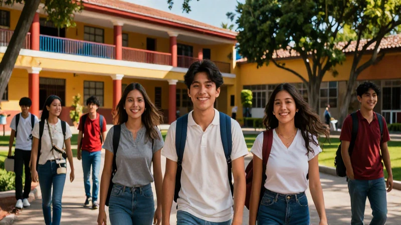 Joven mexicano sonríe en universidad vibrante