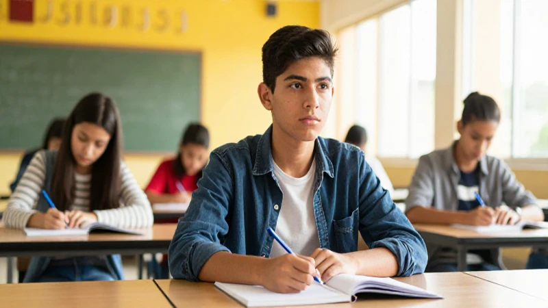 Estudiante mexicano en aula moderna con luz dorada
