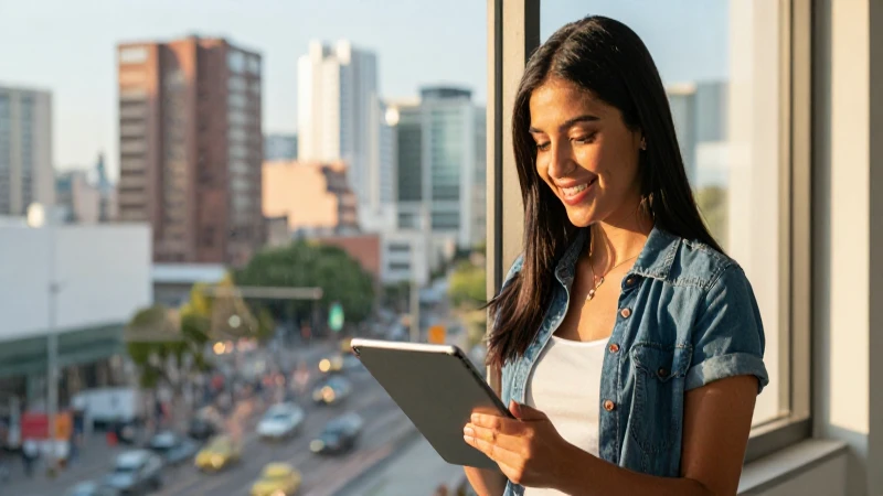 Joven mexicana trabaja en tablet en ciudad
