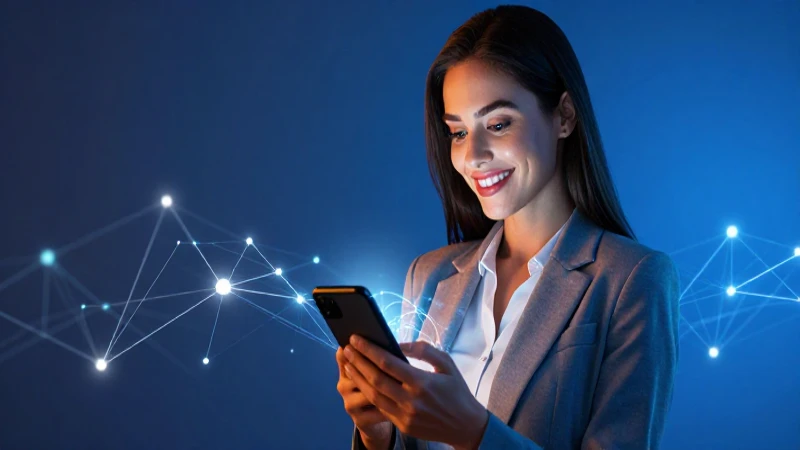 Mujer moderna sonriente con smartphone y estilo vibrante