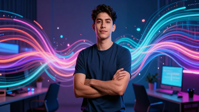 Joven mexicano moderno rodeado de datos digitales