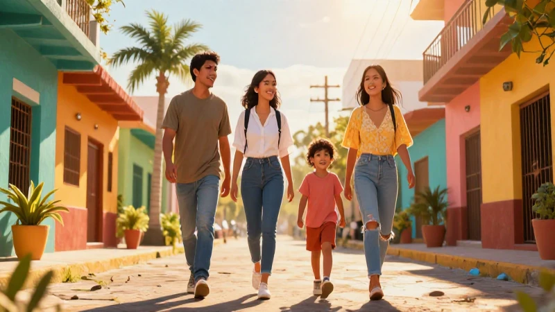 Familia mexicana optimista camina hacia el futuro brillante