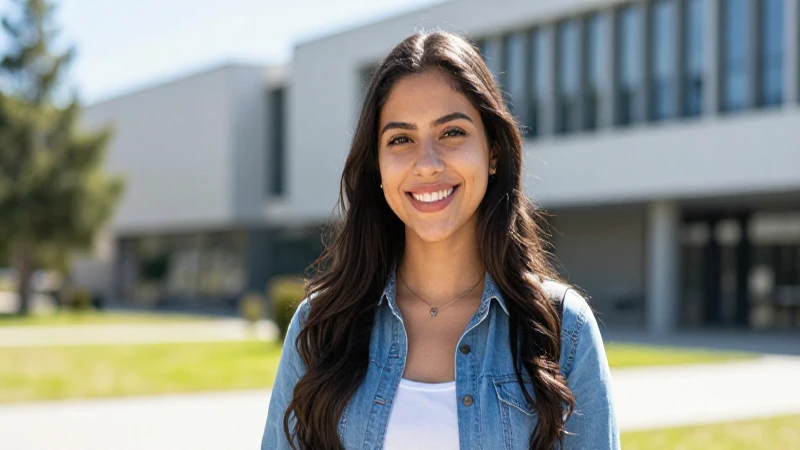 Joven mexicana sonriente en un moderno campus