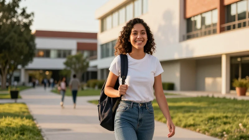 Joven sonriente en campus vibrante