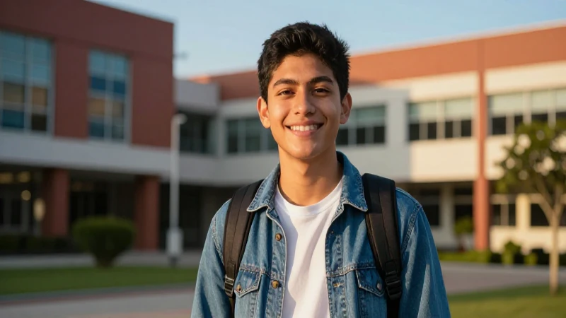 Estudiante mexicano sonríe en campus moderno