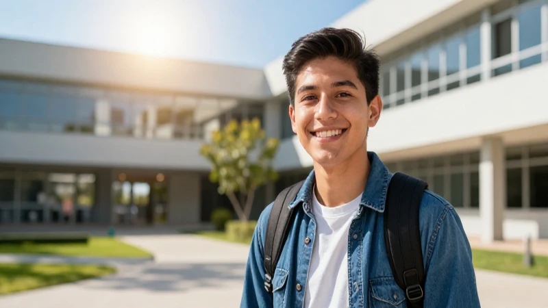 Estudiante sonriente en moderno campus iluminado