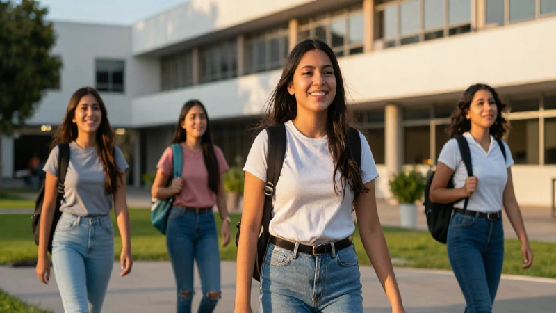 Estudiante mexicana sonríe en campus moderno