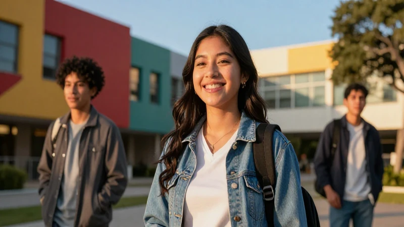 Estudiante sonriente en campus vibrante