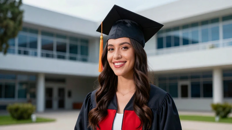 Joven graduada mexicana en un campus moderno
