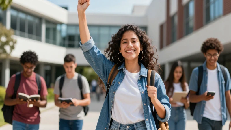 Estudiante mexicano sonríe triunfalmente en campus