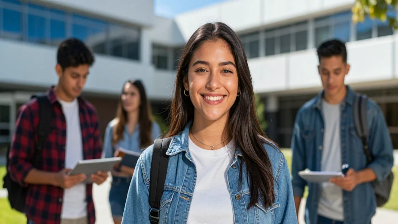 Estudiante mexicano sonríe en campus moderno