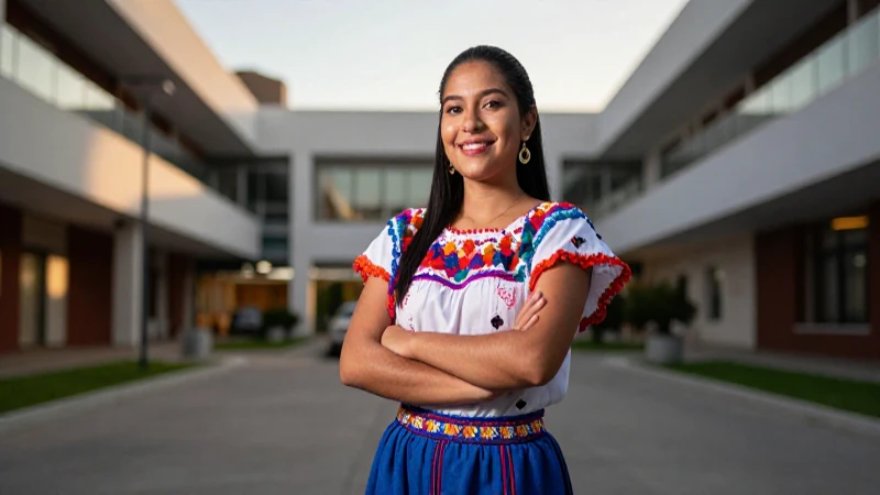 Joven mexicana sonríe en campus universitario vibrante
