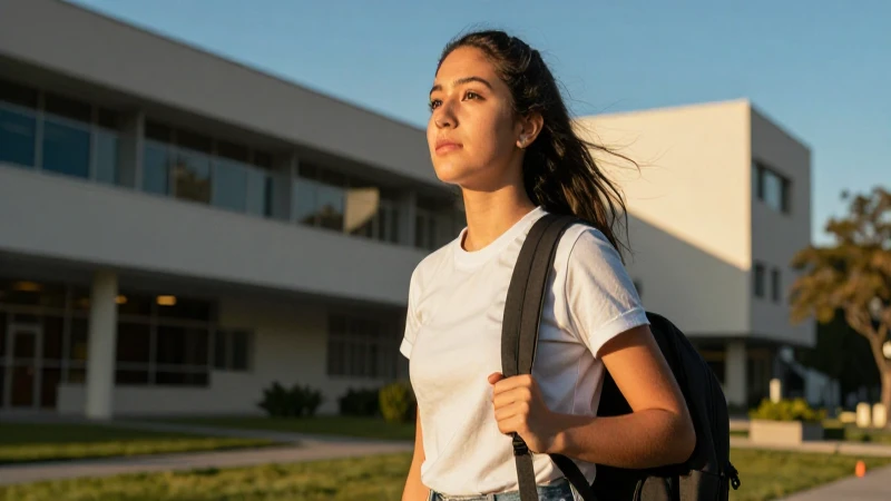 Estudiante mexicano en campus moderno con luz dorada