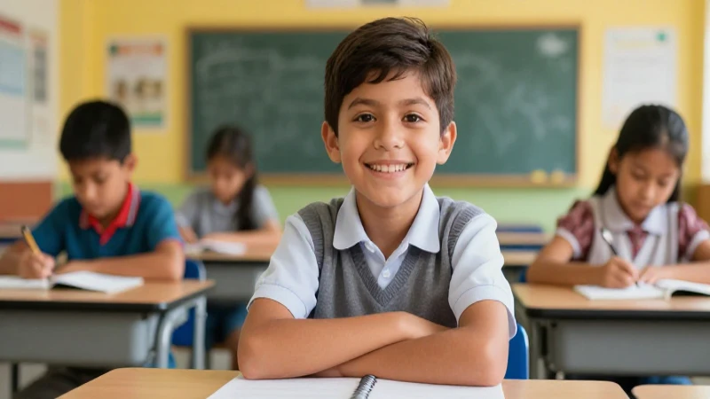 Estudiante mexicano sonríe en clase vibrante