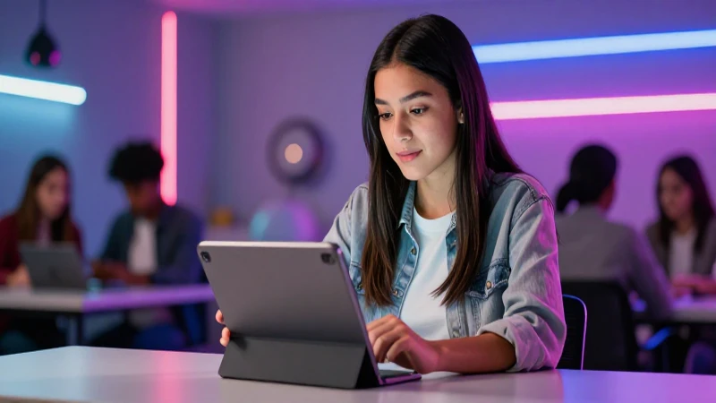 Estudiante mexicano moderno estudia con tablet en entorno dinámico