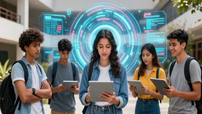 Estudiantes mexicanos ambiciosos en campus moderno digital